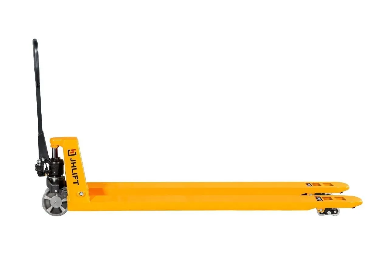 Большегрузная длинновильная гидравлическая тележка (рохля) JHLIFT AH100-H, 10000 кг, 1500х550 мм, со стальными колесами