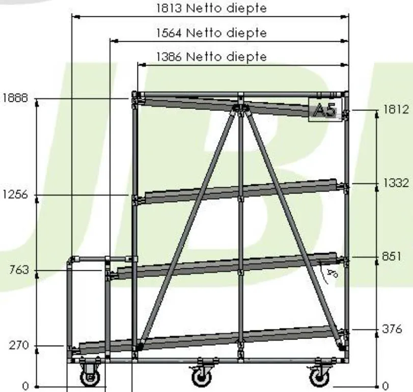 Гравитационный стеллаж лестничного типа на ножках ГСЛН-849 x 1385-1815
