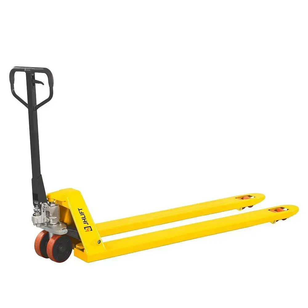 Длинновильная гидравлическая тележка (рохля) JHLIFT LBF15, 1500 кг, 2300х550 мм, с нейлоновыми колесами