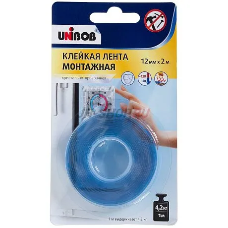 Клейкая лента двухсторонняя монтажная UNIBOB кристально-прозрачная 12 мм х 2 м (пена) картинка