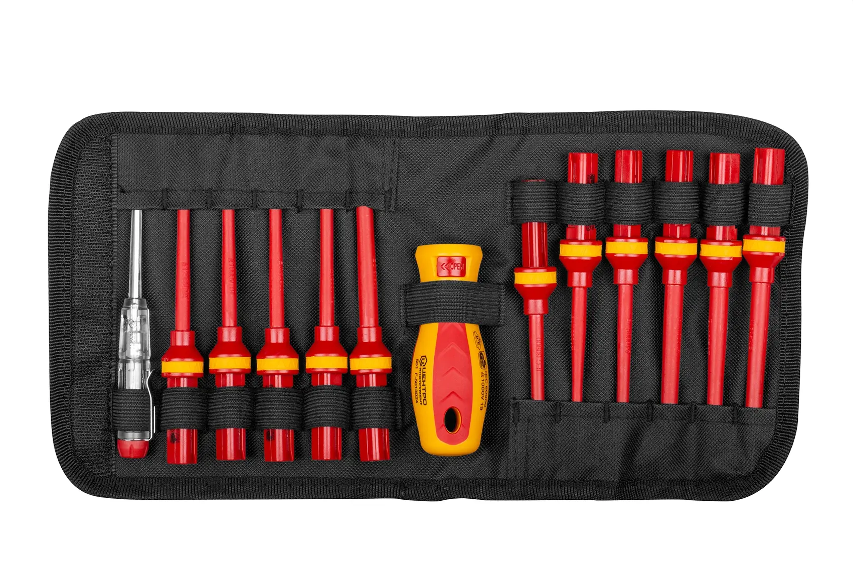 Набор отверток изолированных VDE 1000V с пробником c магнитными наконечниками в мягком чехле (13 шт.)