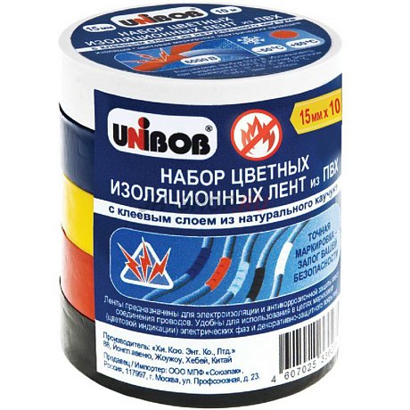 Набор электроизоляционных клейких лент UNIBOB 15мм х 10м, 5шт/упак (ассортимент из 5 цветов) картинка