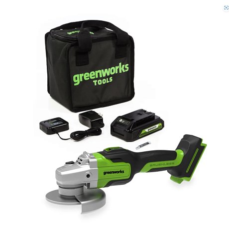 Угловая шлифовальная машина аккумуляторная Greenworks GD24AG, 24V, c АКБ 2 Ач и ЗУ картинка
